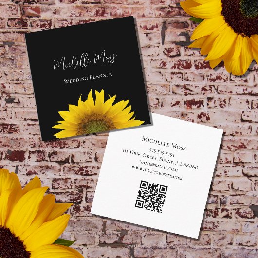 Carte De Visite Carré Sunflower jaune QR code moderne Noir
