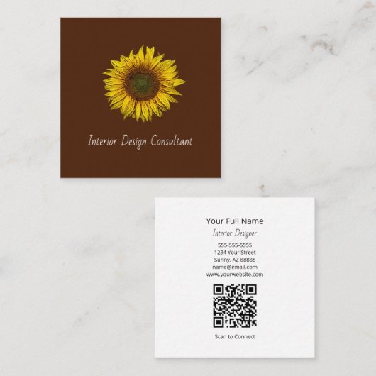 Carte De Visite Carré Sunflower QR code Interior Designer Rustic Brown (Devant / Derrière)