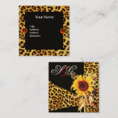 CARTE DE VISITE CARRÉ SUNLOWER, LEOPARD FUR RIBBON, ROUGE RUBY GEMSTONES (Devant / Derrière)