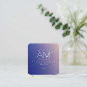 Carte De Visite Carré Superbe Faux Gradient Bleu et Rose Monogramme Or (Debout devant)