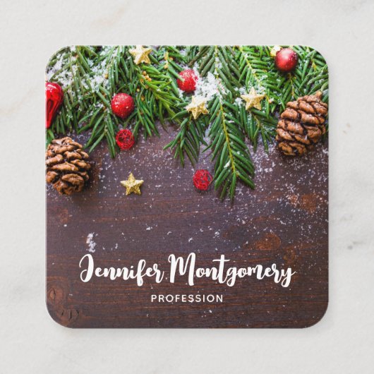 Carte De Visite Carré Table de Noël rustique avec pin et neige (Devant)