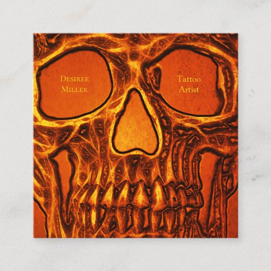 Carte De Visite Carré Tatouage Artiste Crâne Face Orange Noir Gothique (Devant)