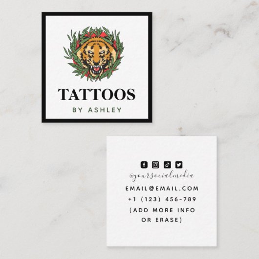 Carte De Visite Carré Tatouage Artiste Wild Tiger Illustration Bold tend (Devant / Derrière)