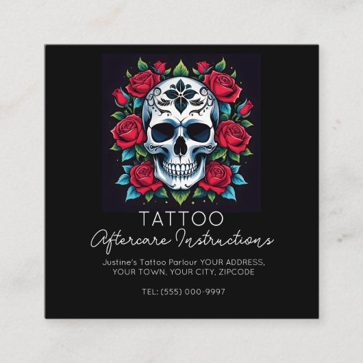 Carte De Visite Carré tatouage au crâne rose Instructions pour les soins (Devant)