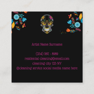Carte De Visite Carré Tatouage de crâne floral noir