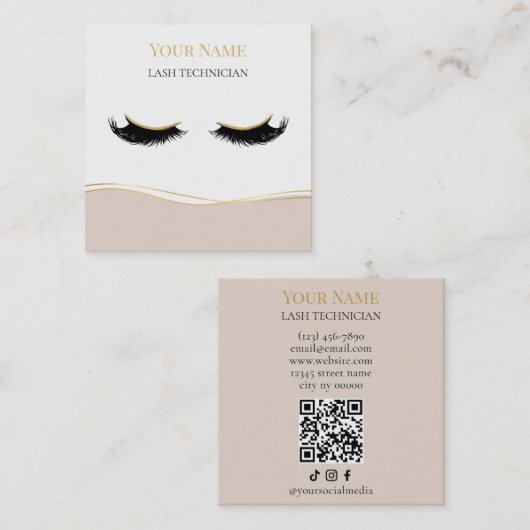 Carte De Visite Carré Technicienne de cils QR code de luxe (Devant / Derrière)