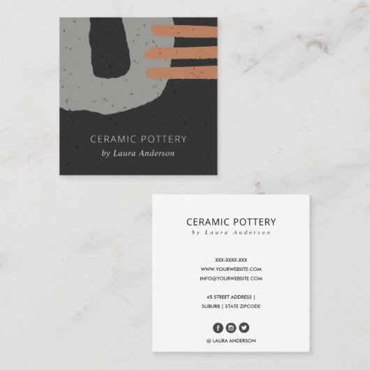 CARTE DE VISITE CARRÉ TEXTURE CÉRAMIQUE ABSTRAITE POUSSIÈRE EN GRAS NOIR (Devant / Derrière)