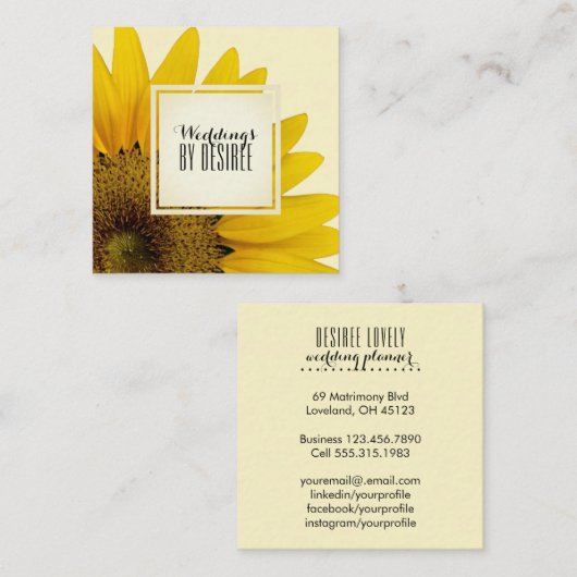Carte De Visite Carré Tournesol jaune du wedding planner | floral (Devant / Derrière)