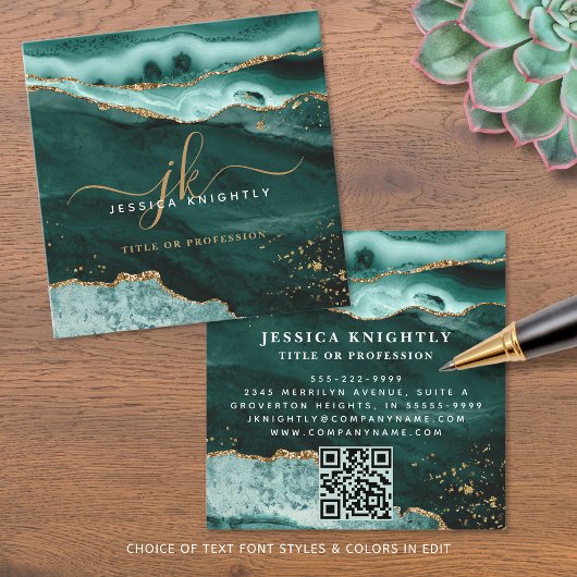 Carte De Visite Carré Tourquoise Agate Gold Parties scintillant Script M