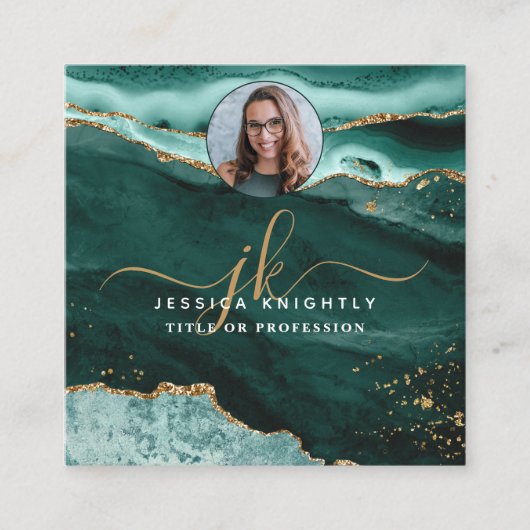 Carte De Visite Carré Tourquoise Agate Gold Parties scintillant Script P (Devant)