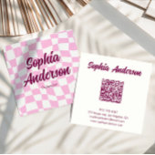Carte De Visite Carré Trendy Pink Checkerboard with QR Code
