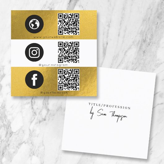 Carte De Visite Carré Triple Icon & QR Code Entreprise Social Media Gold