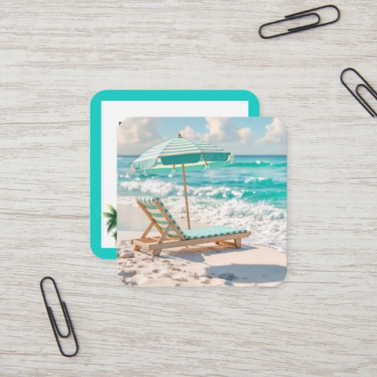 Carte De Visite Carré Tropical Beach Chaise Lounge Sur Sable Blanc (Devant/Arrière en situation)