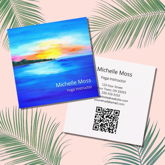 Carte De Visite Carré Tropical Beach QR code Yoga Instructeur