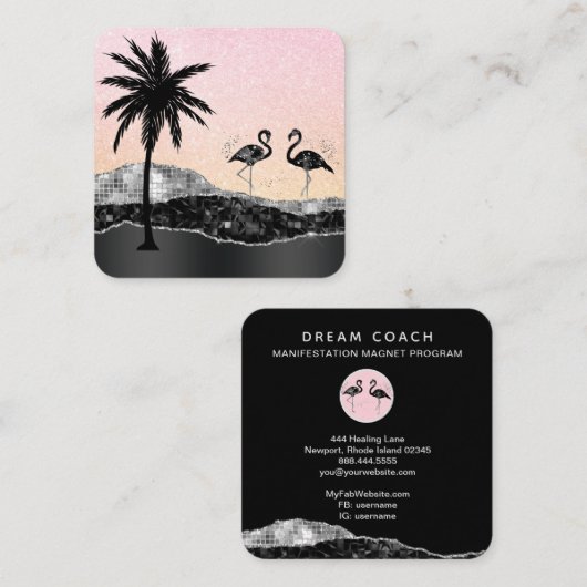 Carte De Visite Carré *~* Tropical Crystal Agate Palm Tree Flamant rose (Devant / Derrière)