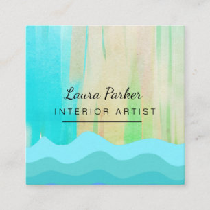 Carte De Visite Carré Turquoise Bleu Abstrait Peinture aquarelle moderne