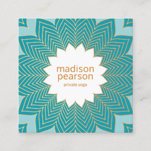 Carte De Visite Carré Turquoise bleu Lotus Mandala Fleur Yoga Enseignant