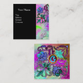 Carte De Visite Carré TURQUOISE BLEU PURPLE LACE FLEURS GEMSTONES Noir (Devant / Derrière)