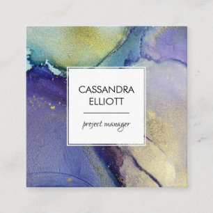 Carte De Visite Carré Turquoise Bleu Violet Or Art Liquide Abstrait