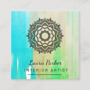 Carte De Visite Carré Turquoise Blue Lotus Moderne Peinture Aquarelle Ar
