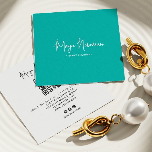 Carte De Visite Carré TURQUOISE BLUE Modern CHIC Minimal QR Code