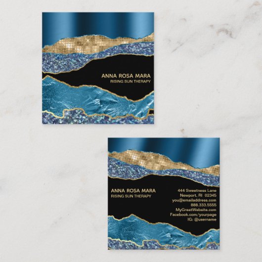 Carte De Visite Carré *~* Turquoise Glam Agate Geode Gold Parties scinti (Devant / Derrière)