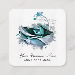 Carte De Visite Carré *~* Turquoise Pastel Logo QR Rose Floral Flower