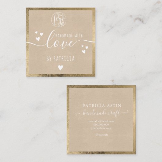 Carte De Visite Carré Typographie d'amour artisanale logo rustique or kr (Devant / Derrière)