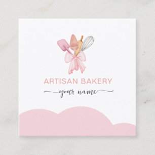 Carte De Visite Carré Ustensiles de boulangerie à ruban rose blush moder