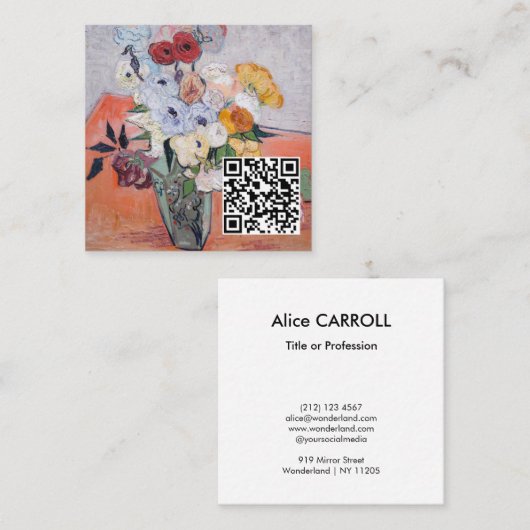 Carte De Visite Carré Van Gogh - Vase avec Roses et anémones - Code QR (Devant / Derrière)