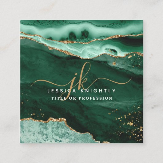 Carte De Visite Carré Vert Agate Gold Parties scintillant Script Monogra (Devant)