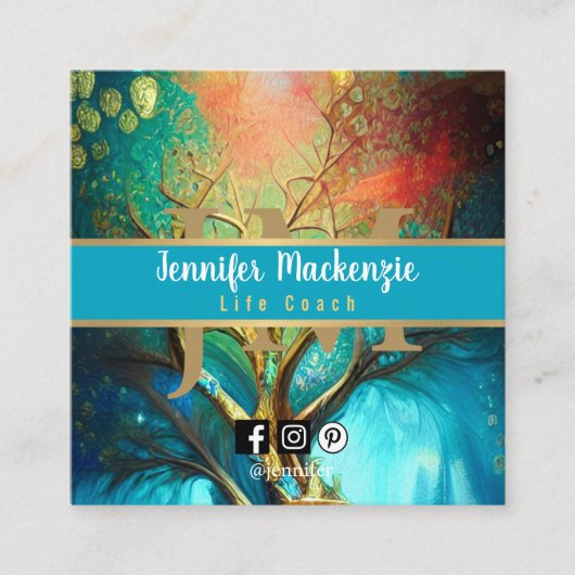 Carte De Visite Carré Vie Coach Thérapiste Rainbow Tree of Life (Devant)