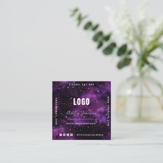 Carte De Visite Carré Violet Galaxy Space Sparkles QR Code & Logo Cosmiq (Debout devant)