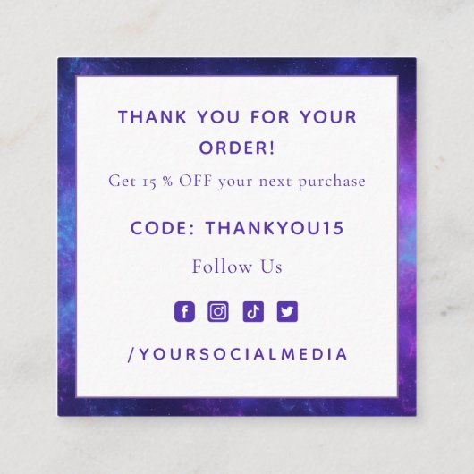 Carte De Visite Carré Violet Indigo Cosmic Galaxy Night Logo Merci (Dos)