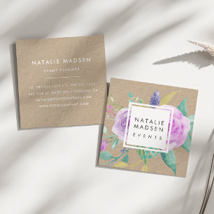 Carte De Visite Carré Violet peint Floral Kraft