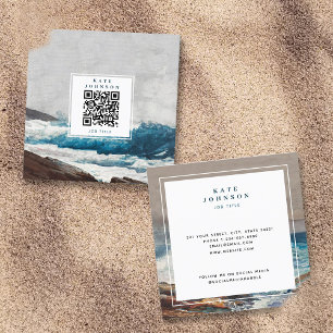 Carte De Visite Carré Watercolor Beach Ocean Waves QR Code Social Media