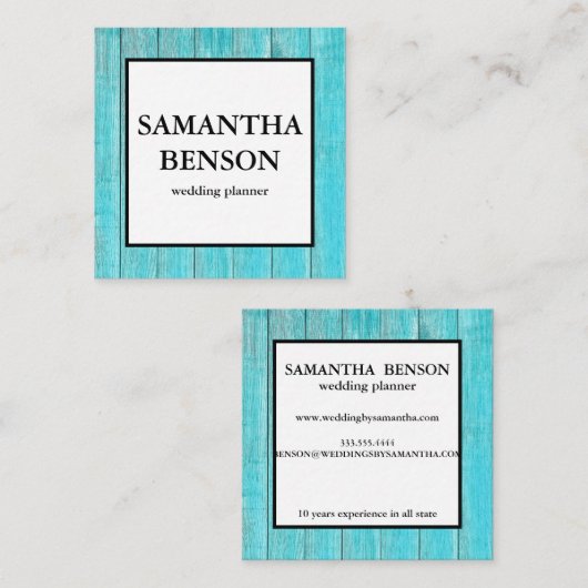 Carte De Visite Carré Wedding planner en bois turquoise (Devant / Derrière)