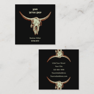 Carte De Visite Carré Western Rustic Black Tattoo Shop Bull Skull