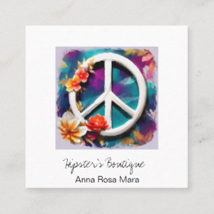 Carte De Visite Carré *~* White QR Peace Sign Flowers Grunge Boho AP57