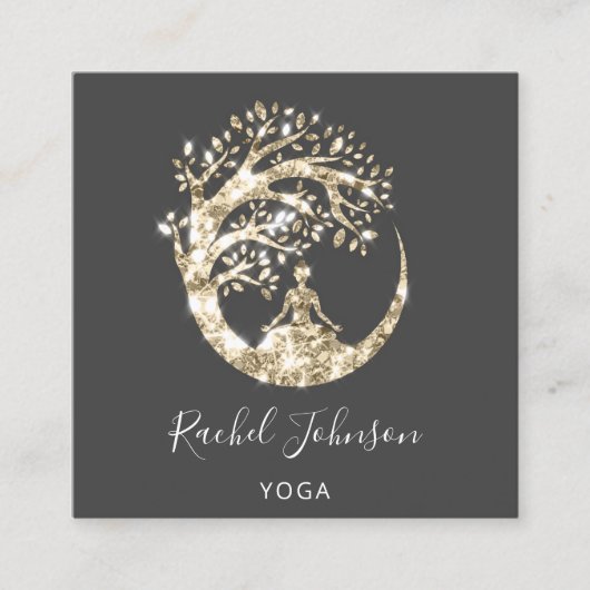 Carte De Visite Carré Yoga Classes École Logo Instructeur QR Black Gold (Devant)