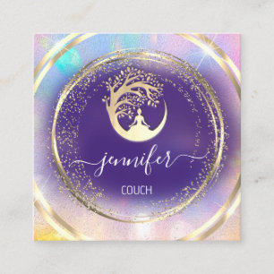 Carte De Visite Carré Yoga Couch Thérapiste Mindfulness QRCODE GoldPurpl