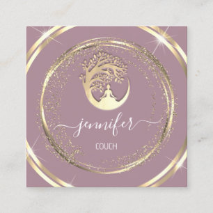 Carte De Visite Carré Yoga Couch Thérapiste Mindfult QR Gold Purple