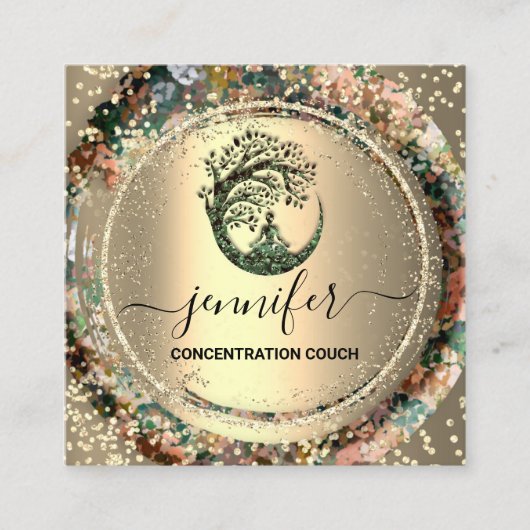 Carte De Visite Carré Yoga Couch Therapy Logo QR Code Gold Confetti (Devant)
