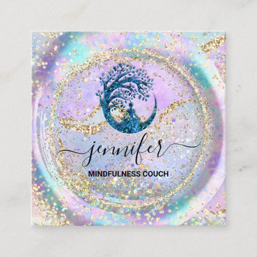 Carte De Visite Carré Yoga Couch Therapy Logo QR Code Holographe Bleu (Devant)