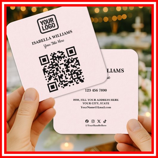 Carte De Visite Carré Your Logo Here Simple Modern Pink Website QR Code