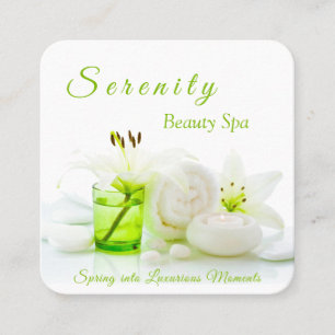 Carte De Visite Carré Zen Rocks & Lilly Flower Green & White Beauty Spa
