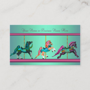 Carte De Visite Carrousel bleu turquoise pourpre Chevaux peints
