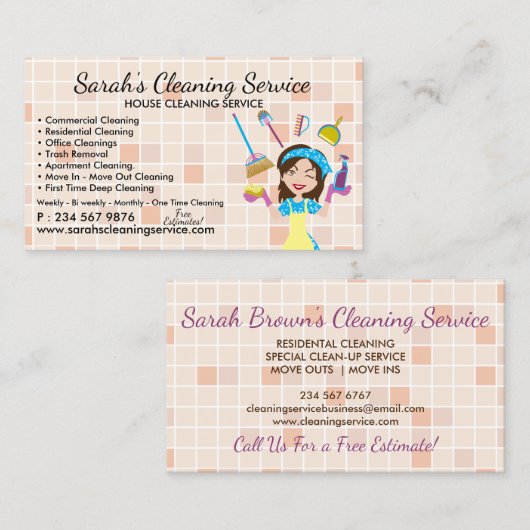 Carte De Visite Cartoon Orange Maid Janitorial Lady House Cleaning (Devant / Derrière)