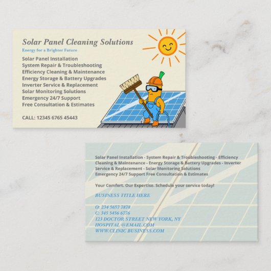 Carte De Visite Cartoon Solar Panel Cleaning Services (Devant / Derrière)