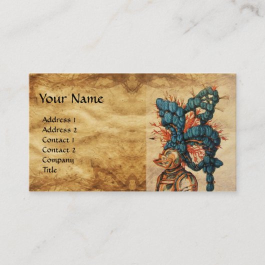 CARTE DE VISITE CASQUE DE CHEVALIER ANTIQUE AUX FEUILLES BLEU ROUG (Devant)